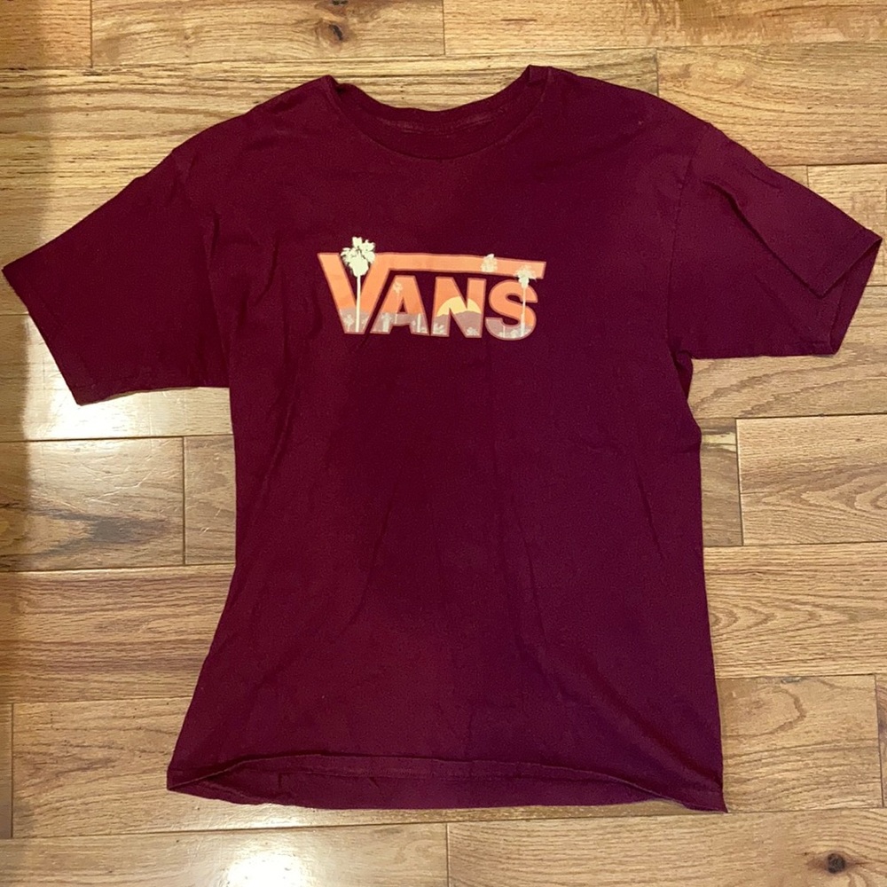 Vans Maroon T-Shirt with tropical design on logo